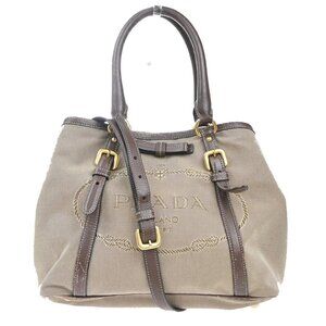 PRADA Logo Jacquard 2Way Shoulder Hand Bag Canvas Leather Brown GHW 39KP410